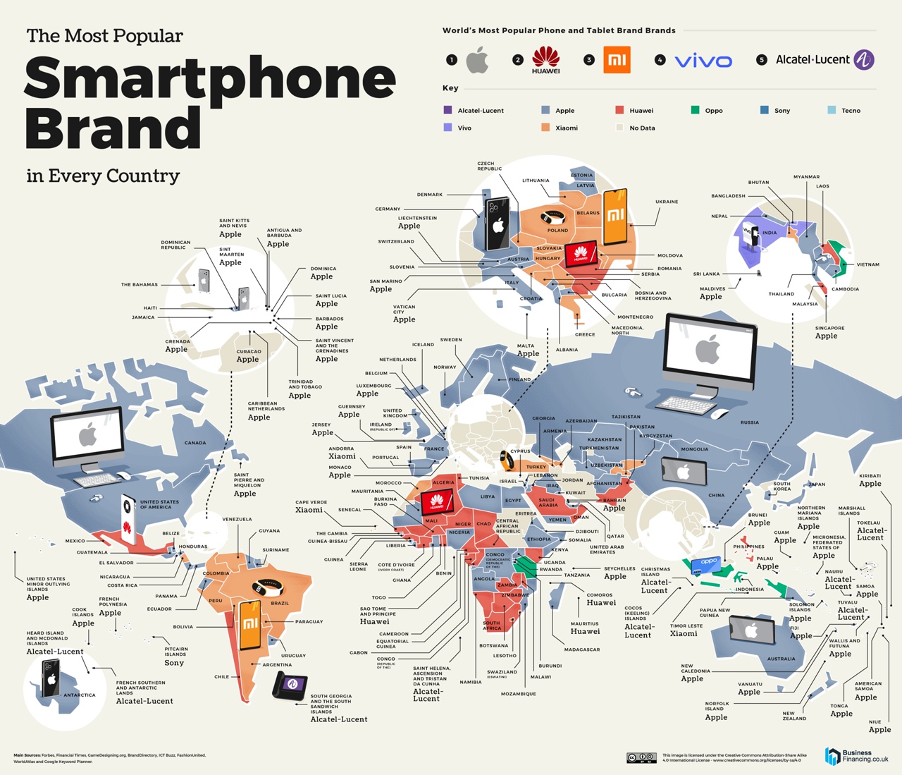 Мировая карта распространения телефонных брендов
